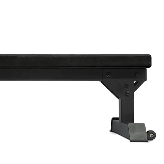 Black metal bench with adjustable footrest on a white background