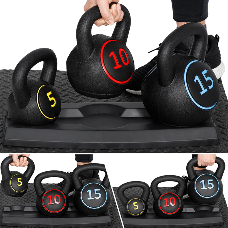 3-Piece Kettlebell Weight Set – 5lb, 10lb, 15lb (2.2kg, 4.5kg, 6.8kg) | Strength & Cardio Training Kettlebells with Storage Stand | Ideal for Home Gym, Cross Training, Full-Body Workouts