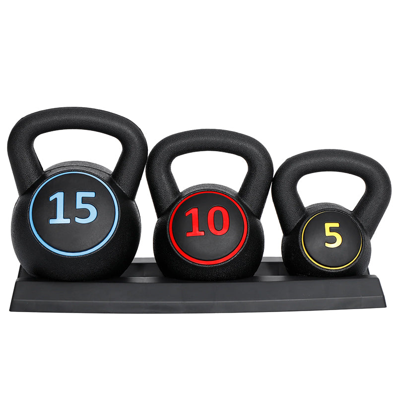 3-Piece Kettlebell Weight Set – 5lb, 10lb, 15lb (2.2kg, 4.5kg, 6.8kg) | Strength & Cardio Training Kettlebells with Storage Stand | Ideal for Home Gym, Cross Training, Full-Body Workouts