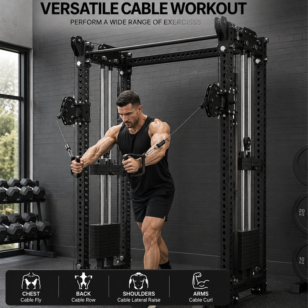Multi-Exercise Strength Machine with Power Rack & Dual Pulley Cables