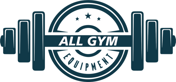 Logo of All Gym Equipment with a barbell design on a white background