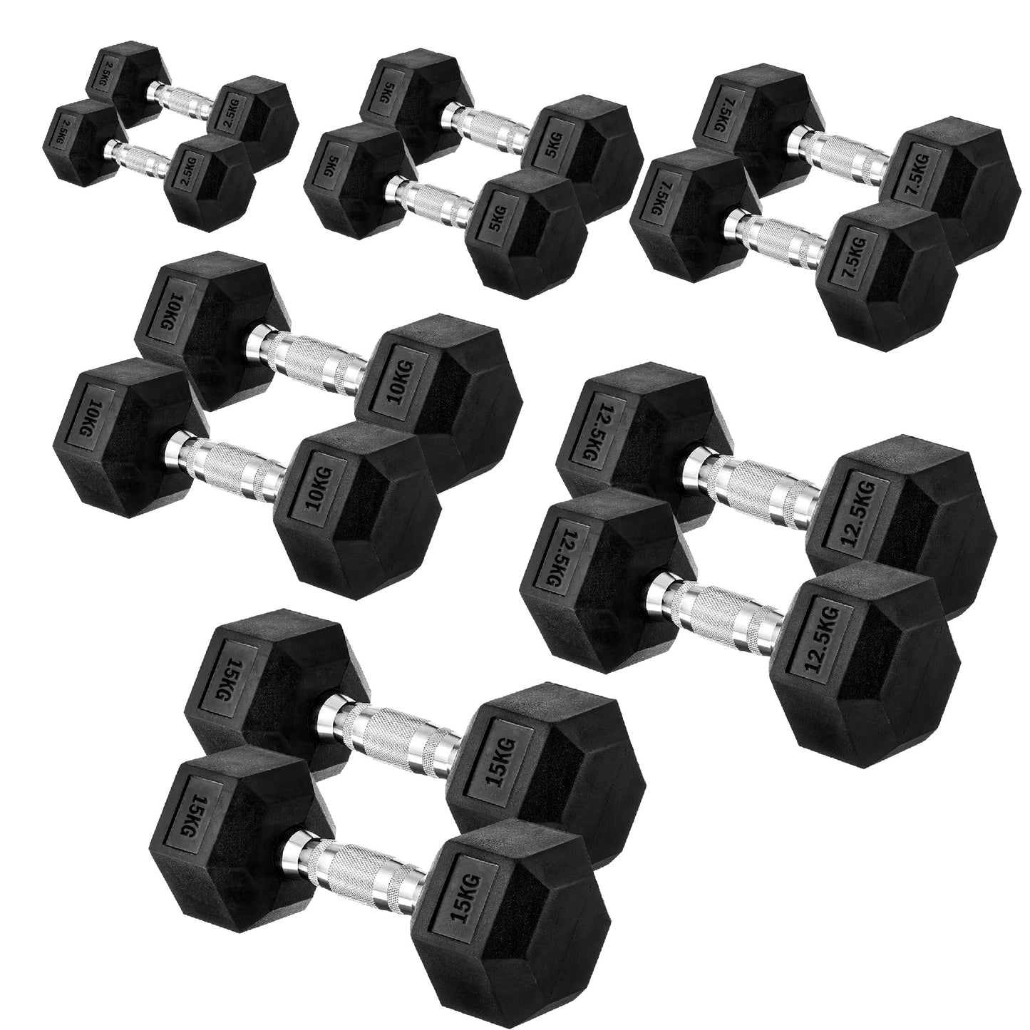 Premium Rubber-Coated Hex Dumbbells: Singles, Pairs & Complete Weight Sets from 2.5kg to 60kg - Anti-Roll Design with Ergonomic Metal Handles for Home Gym, Strength Training & Professional Bodybuilding