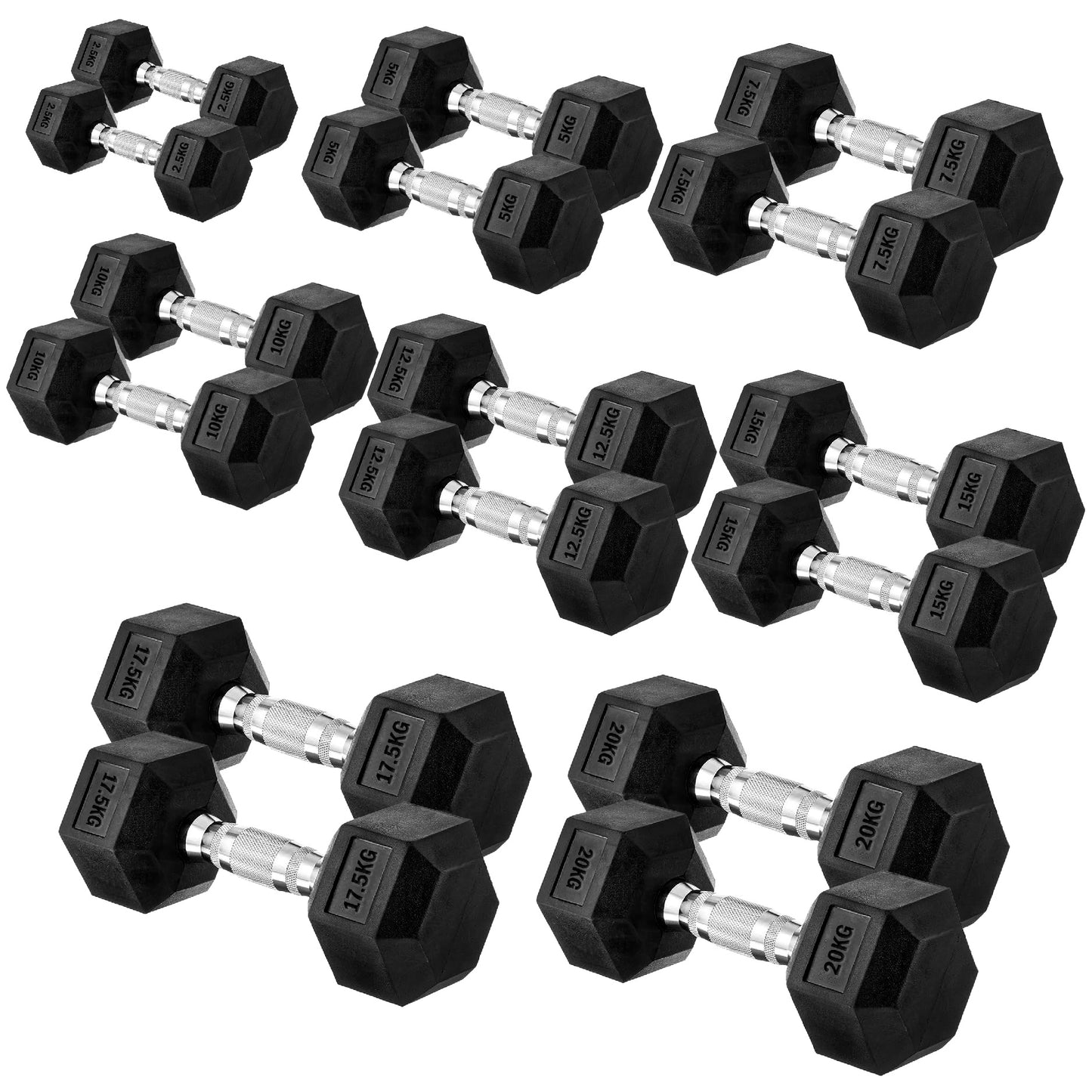 Premium Rubber-Coated Hex Dumbbells: Singles, Pairs & Complete Weight Sets from 2.5kg to 60kg - Anti-Roll Design with Ergonomic Metal Handles for Home Gym, Strength Training & Professional Bodybuilding