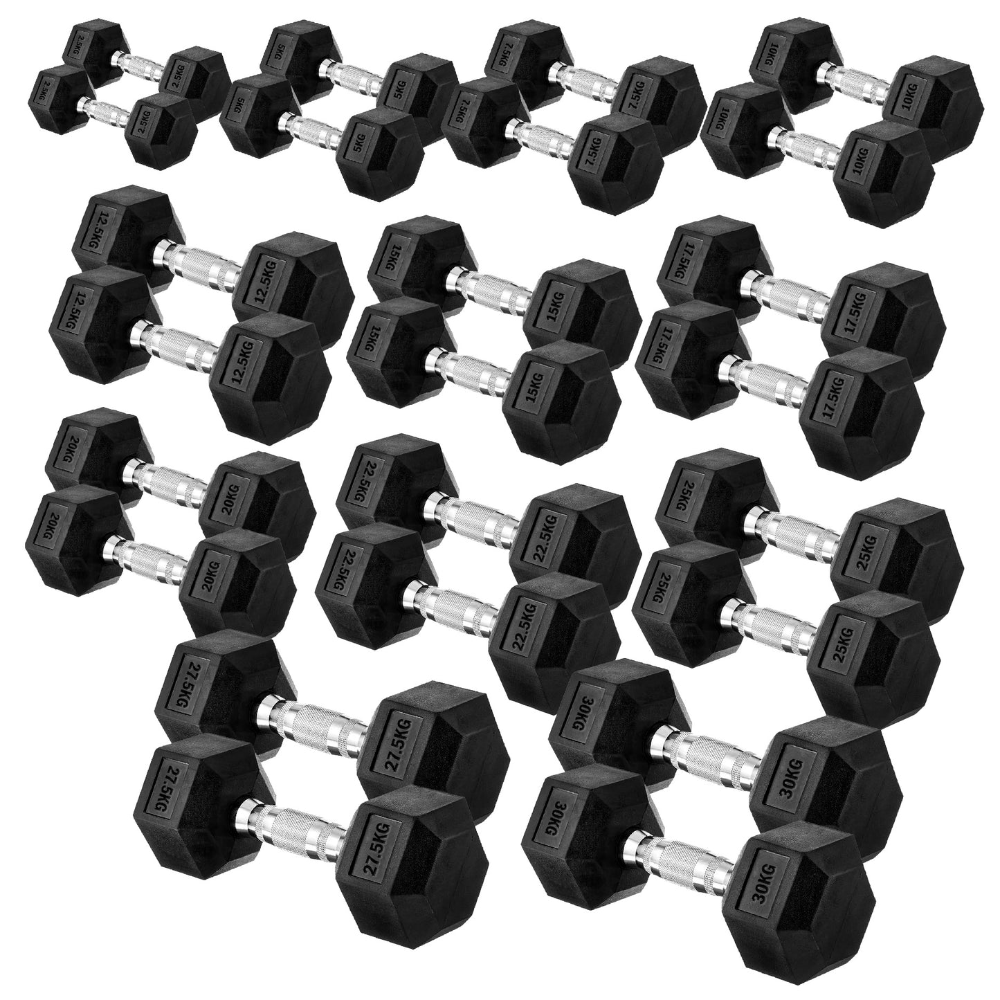 Premium Rubber-Coated Hex Dumbbells: Singles, Pairs & Complete Weight Sets from 2.5kg to 60kg - Anti-Roll Design with Ergonomic Metal Handles for Home Gym, Strength Training & Professional Bodybuilding