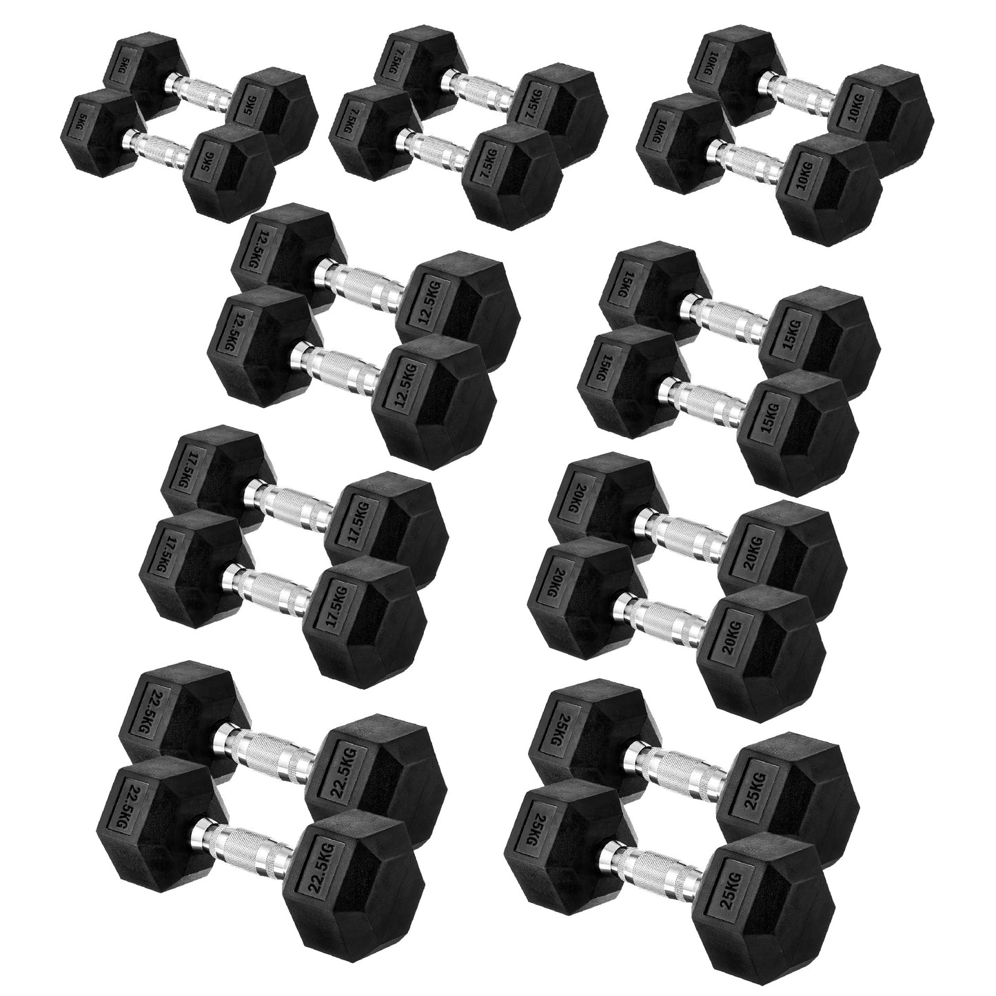 Premium Rubber-Coated Hex Dumbbells: Singles, Pairs & Complete Weight Sets from 2.5kg to 60kg - Anti-Roll Design with Ergonomic Metal Handles for Home Gym, Strength Training & Professional Bodybuilding