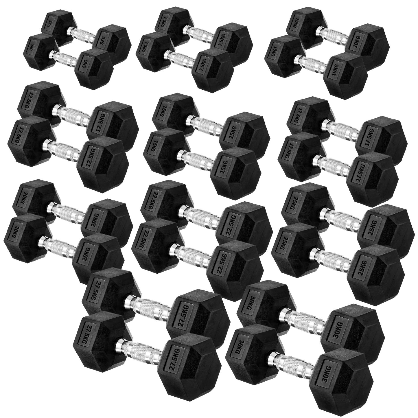 Premium Rubber-Coated Hex Dumbbells: Singles, Pairs & Complete Weight Sets from 2.5kg to 60kg - Anti-Roll Design with Ergonomic Metal Handles for Home Gym, Strength Training & Professional Bodybuilding