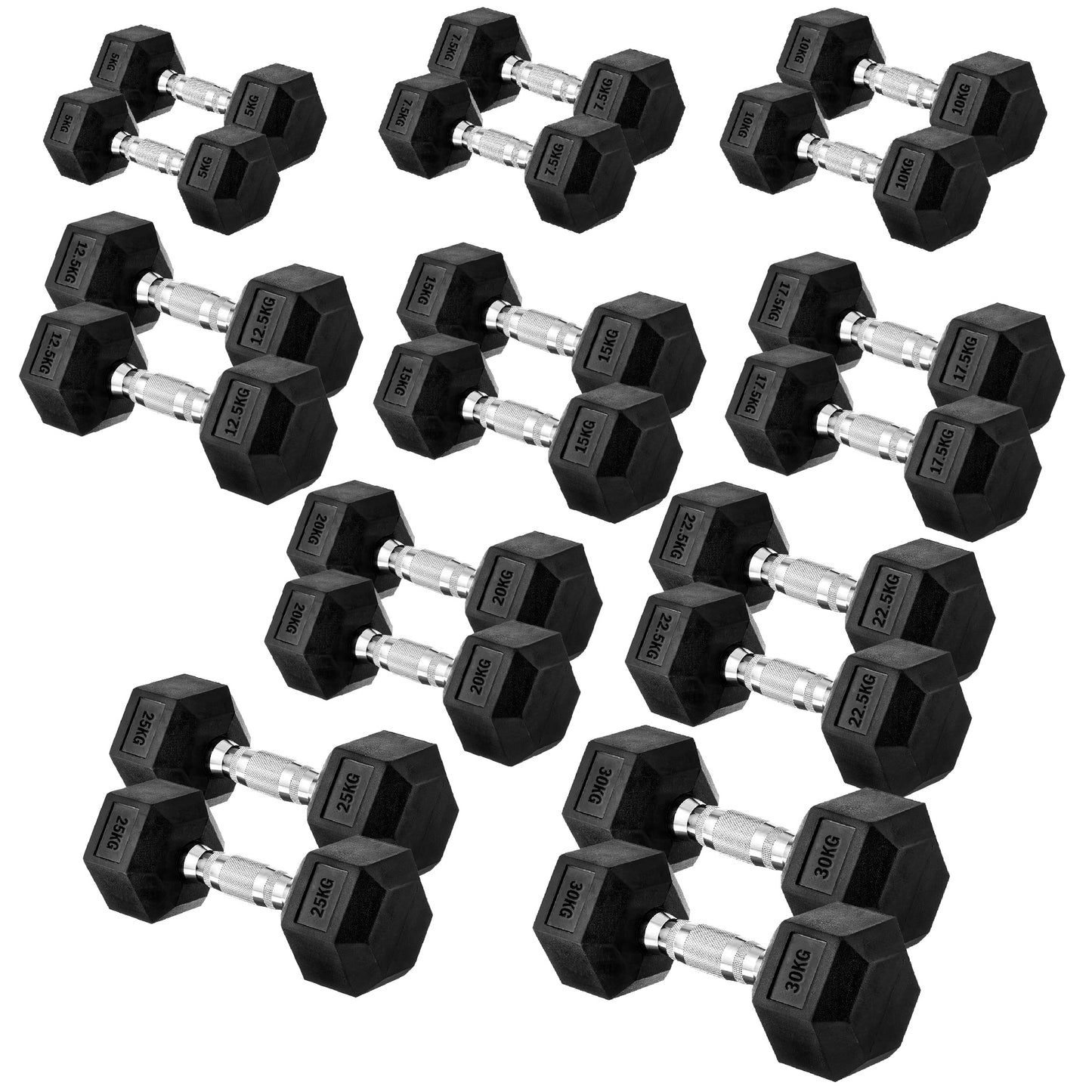 Premium Rubber-Coated Hex Dumbbells: Singles, Pairs & Complete Weight Sets from 2.5kg to 60kg - Anti-Roll Design with Ergonomic Metal Handles for Home Gym, Strength Training & Professional Bodybuilding