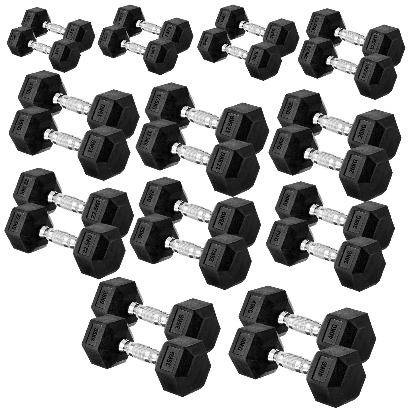Premium Rubber-Coated Hex Dumbbells: Singles, Pairs & Complete Weight Sets from 2.5kg to 60kg - Anti-Roll Design with Ergonomic Metal Handles for Home Gym, Strength Training & Professional Bodybuilding