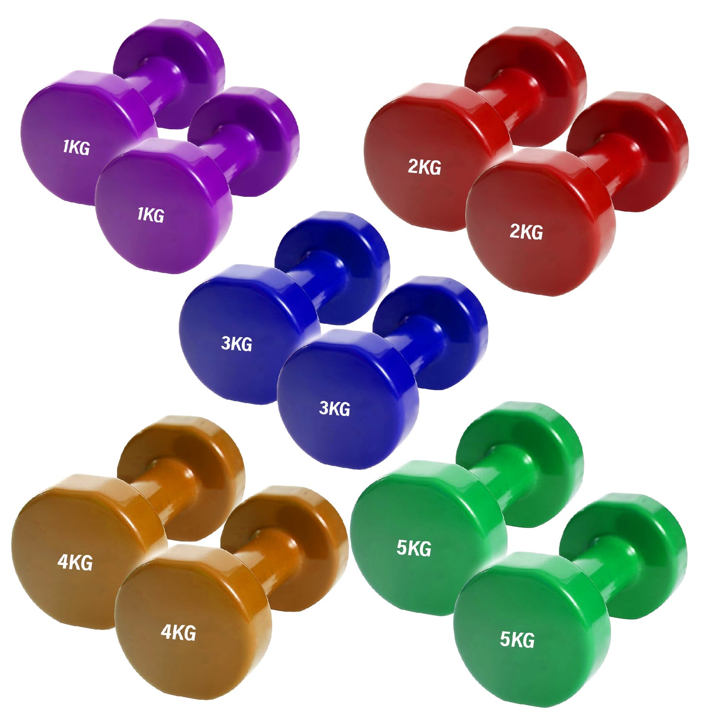 Neoprene Vinyl Dumbbell Set - Multi-Coloured Hand Weights with Non-Slip Hexagonal Design - Available in 6kg, 10kg, 12kg, 15kg, 24kg, 30kg, 38kg - Complete Home Fitness Strength Training Equipment