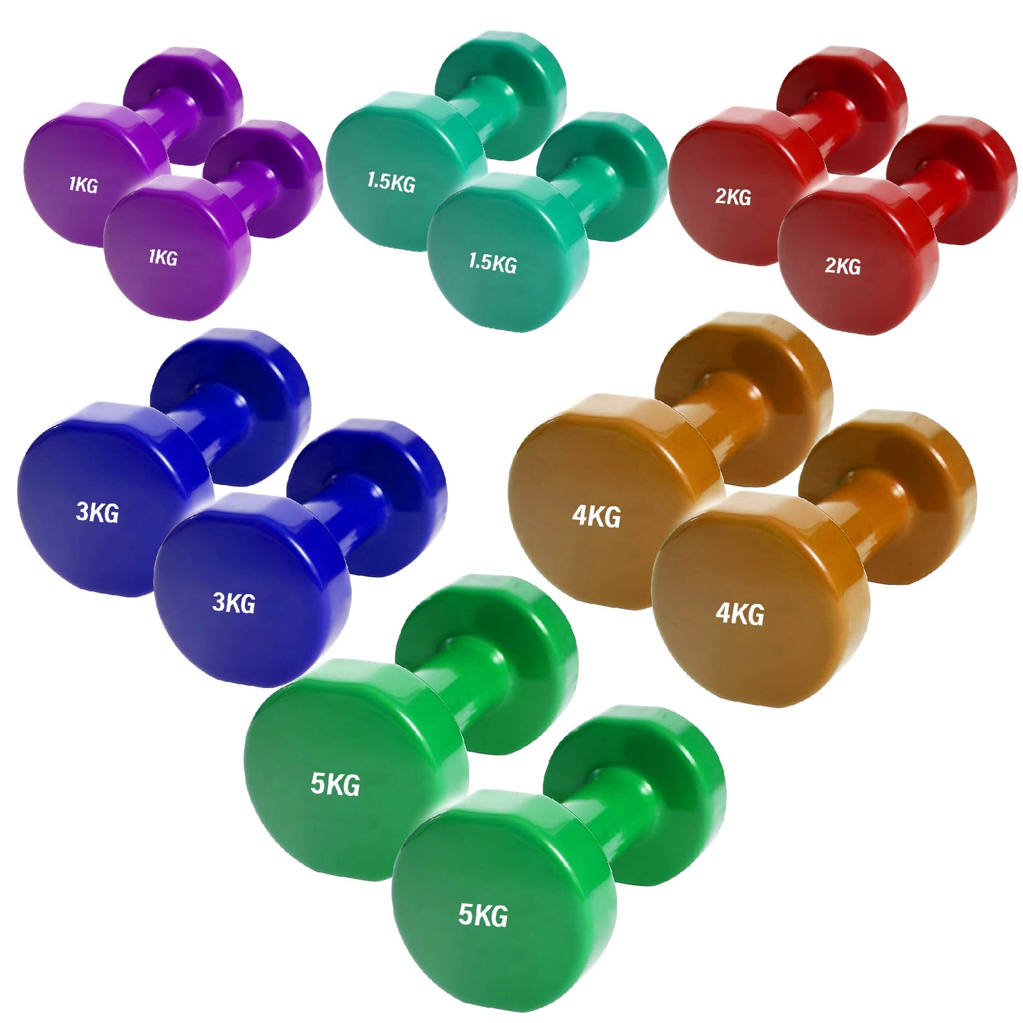 Neoprene Vinyl Dumbbell Set - Multi-Coloured Hand Weights with Non-Slip Hexagonal Design - Available in 6kg, 10kg, 12kg, 15kg, 24kg, 30kg, 38kg - Complete Home Fitness Strength Training Equipment