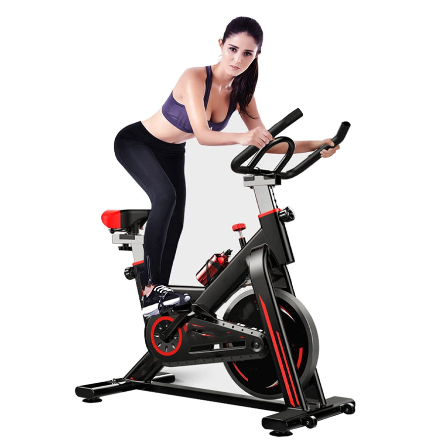 Ultra-Quiet Cardio Exercise Bike with LCD Display - Stationary Spin Bike for Home Fitness - Adjustable Resistance Levels - Built-in Tablet Holder - Belt-Driven System - Comfort Padded Seat -
