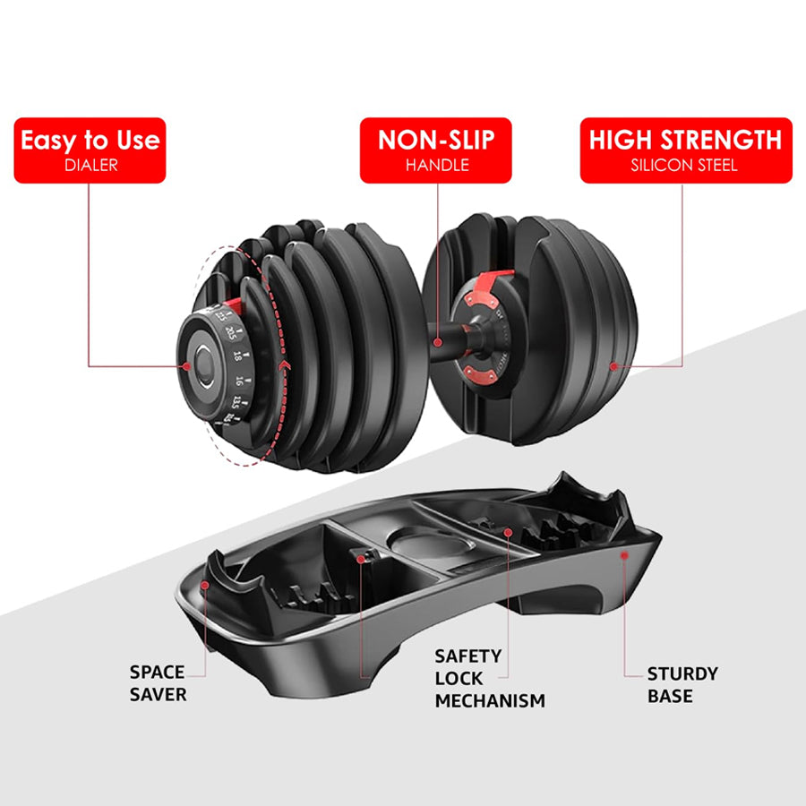 40kg Adjustable Dumbbell 17-in-1 System - Quick Dial Home Gym Equipment - Space-Saving Design - Multiple Weight Settings - Non-Slip Handle for Strength Training - Compact Home Workout Solution