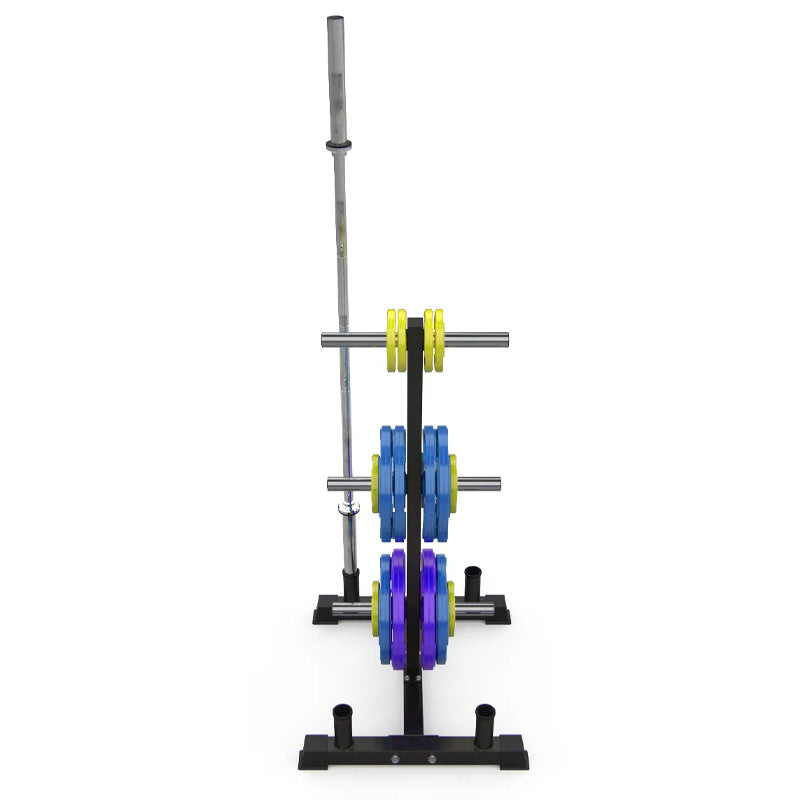 Heavy-Duty Olympic Weight Tree & 3-Tier Bar Stand - 200kg Capacity Gym Storage Rack for 2-Inch Plates - Home & Commercial Weight Organiser with Barbell Holders - Premium Black Steel Construction