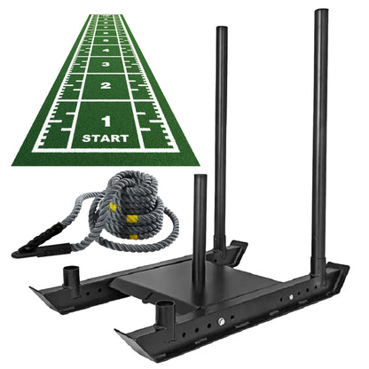 Commercial Push/Pull Power Sled with 10m Sprint Mat – Folding Heavy-Duty Steel Sled for Speed, Agility & Strength Training | Olympic Plate Compatible