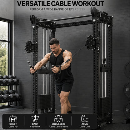 Multi-Exercise Strength Machine with Power Rack & Dual Pulley Cables