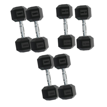 Complete Hex Dumbbell Set with Tree Rack - 3 Pairs Rubber Coated Free Weights (2.5kg to 15kg) - Heavy Duty Storage Stand - Contoured Grip Handle for Home Gym Strength Training - Premium Fitness Equipment