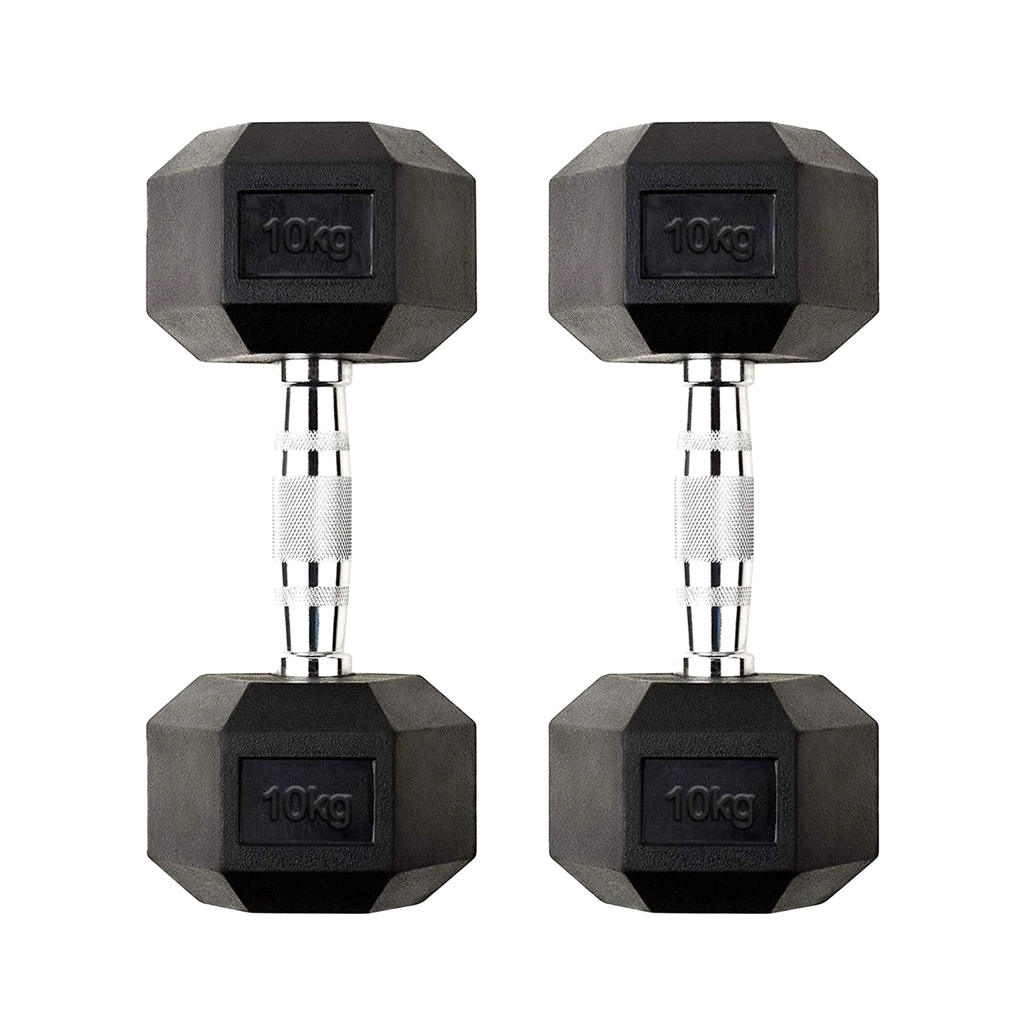 10kg Rubber Hex Dumbbells – Cast Iron Core with Rubber Coating & Knurled Metal Handles | Anti-Roll Free Weights for Strength Training & Home Gym Workouts