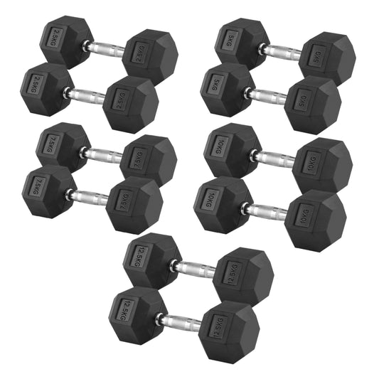 Premium Hex Dumbbell Set - 5 Pairs with 5-Tier Storage Rack - Rubber Coated Weights from 2.5kg to 25kg - Anti-Slip Chrome Grip - Perfect for Home Gyms, Commercial Fitness Centers and PT Studios