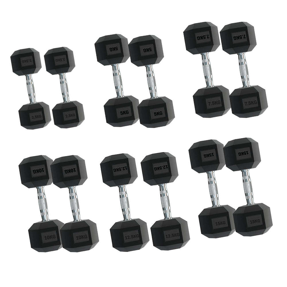 Professional 6-Pair Hex Dumbbell Set with Sturdy A6 Tree Rack - Complete Weight Training Package from 2.5Kg to 30kg - Rubber Coated Weights with Knurled Grip - Ideal for Home and Commercial Gyms
