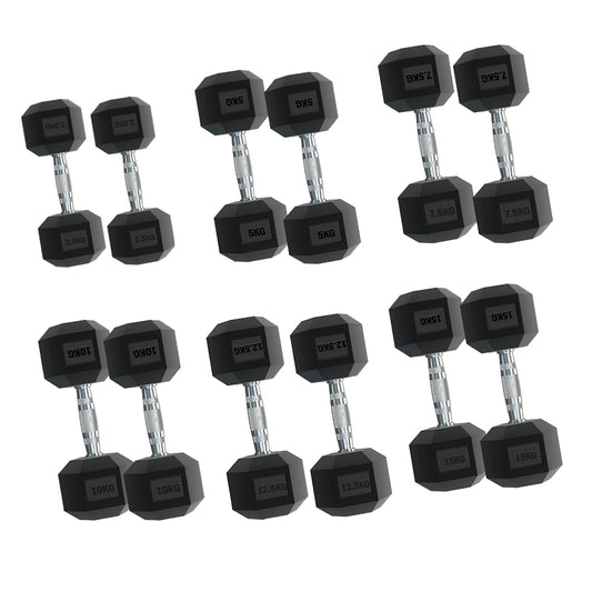 Professional 6-Pair Hex Dumbbell Set with Sturdy A6 Tree Rack - Complete Weight Training Package from 2.5Kg to 30kg - Rubber Coated Weights with Knurled Grip - Ideal for Home and Commercial Gyms