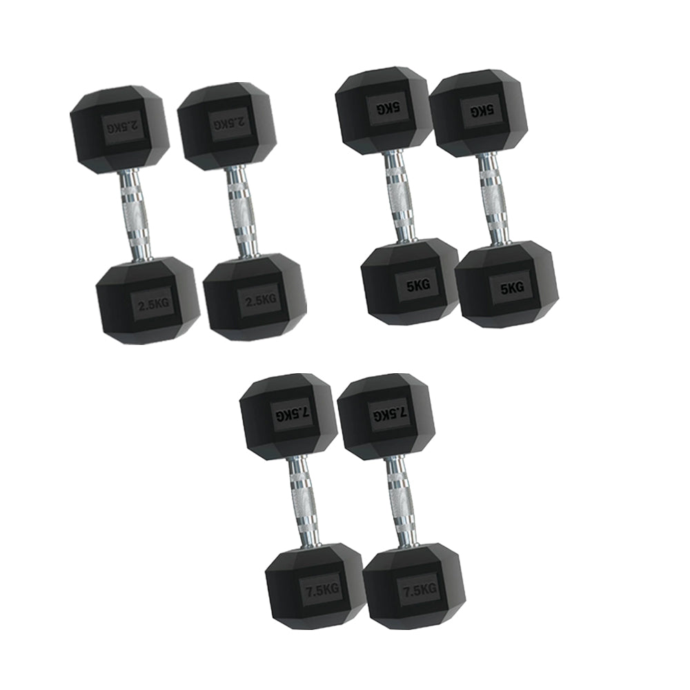 Complete Hex Dumbbell Set with Tree Rack - 3 Pairs Rubber Coated Free Weights (2.5kg to 15kg) - Heavy Duty Storage Stand - Contoured Grip Handle for Home Gym Strength Training - Premium Fitness Equipment