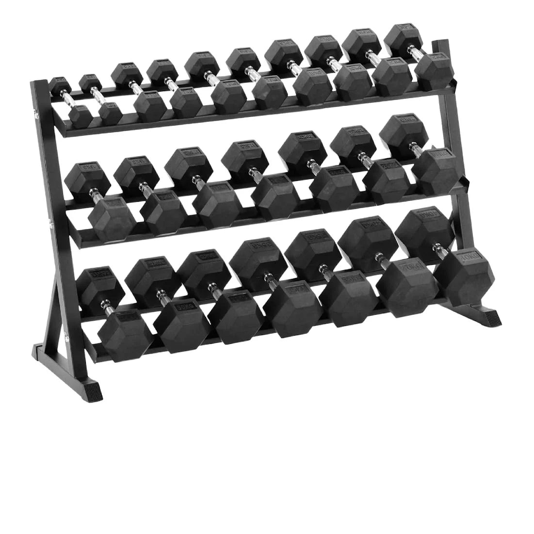 Black dumbbell set with a metal rack on a white background