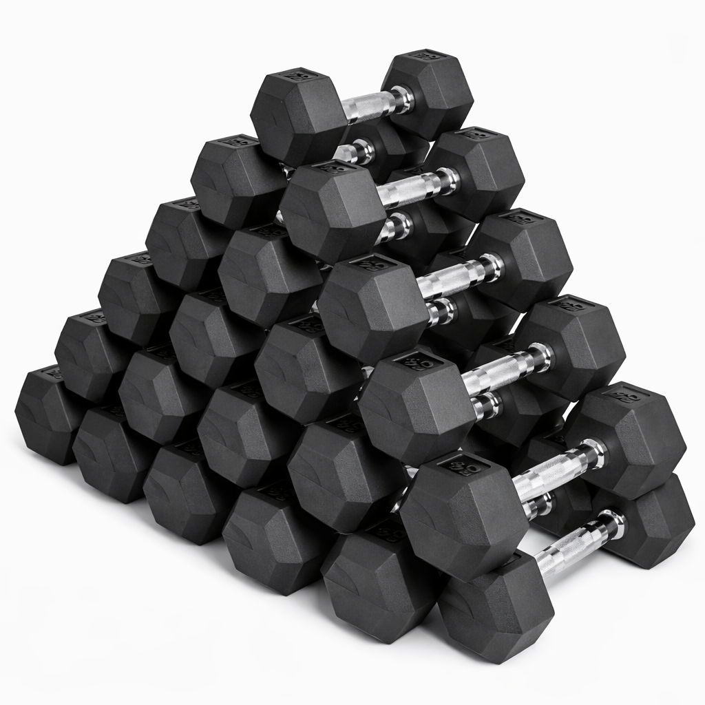 Stack of black hex dumbbells on a white background