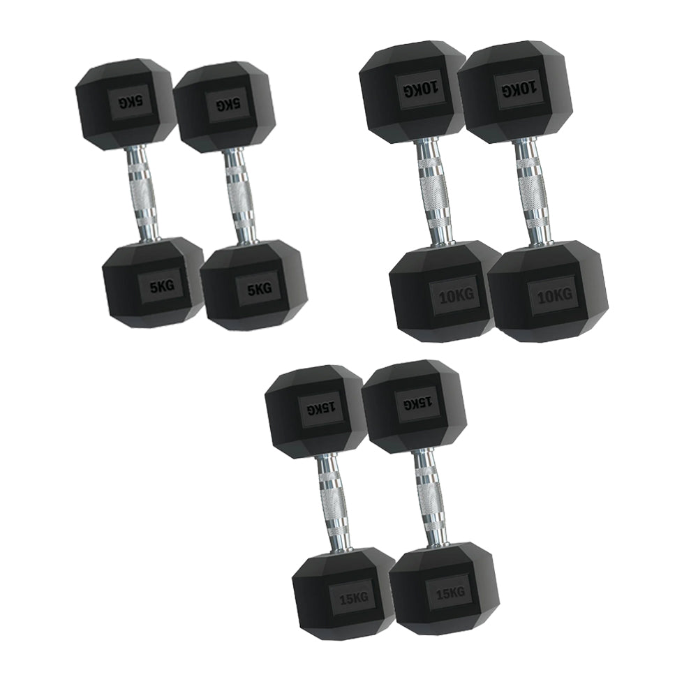 Complete Hex Dumbbell Set with Tree Rack - 3 Pairs Rubber Coated Free Weights (2.5kg to 15kg) - Heavy Duty Storage Stand - Contoured Grip Handle for Home Gym Strength Training - Premium Fitness Equipment