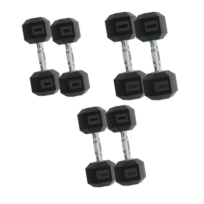 Complete Hex Dumbbell Set with Tree Rack - 3 Pairs Rubber Coated Free Weights (2.5kg to 15kg) - Heavy Duty Storage Stand - Contoured Grip Handle for Home Gym Strength Training - Premium Fitness Equipment