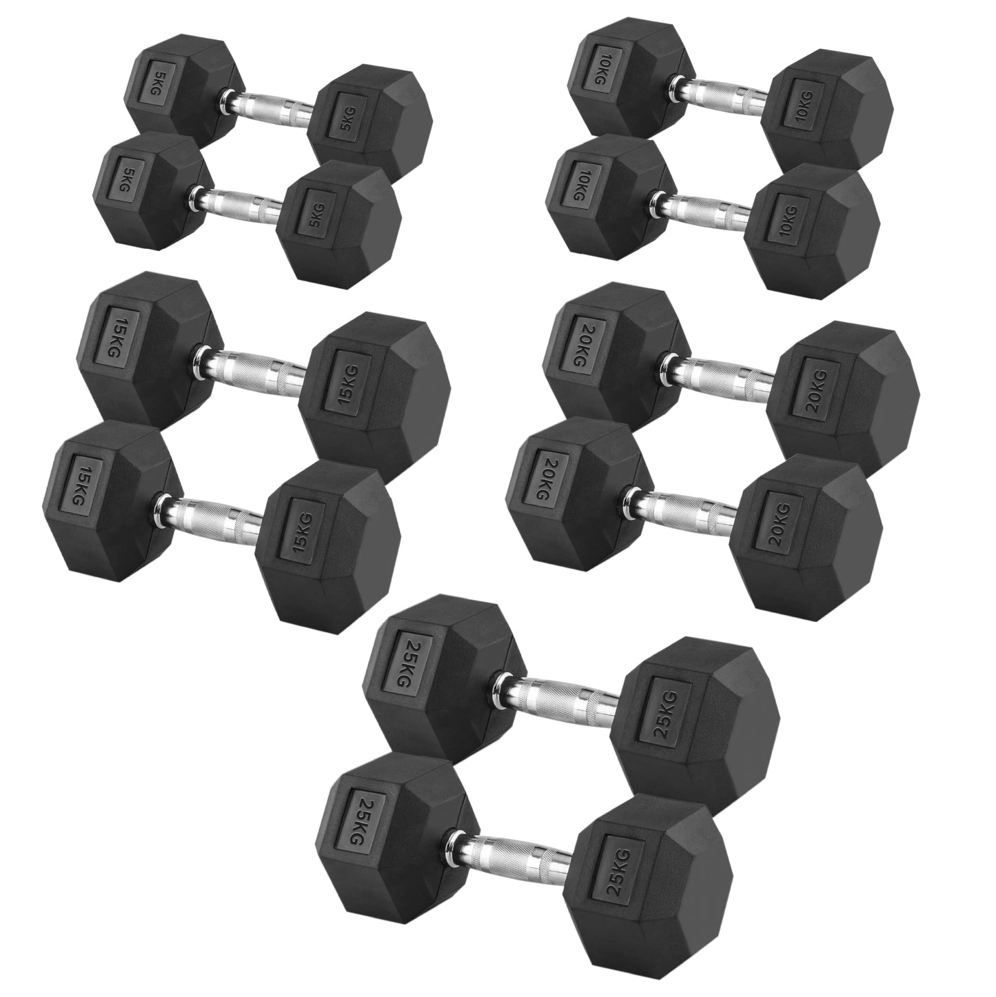Premium Hex Dumbbell Set - 5 Pairs with 5-Tier Storage Rack - Rubber Coated Weights from 2.5kg to 25kg - Anti-Slip Chrome Grip - Perfect for Home Gyms, Commercial Fitness Centers and PT Studios