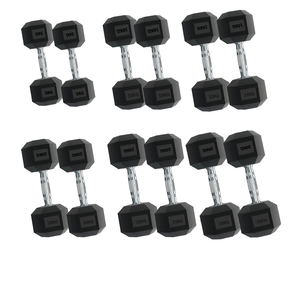 Professional 6-Pair Hex Dumbbell Set with Sturdy A6 Tree Rack - Complete Weight Training Package from 2.5Kg to 30kg - Rubber Coated Weights with Knurled Grip - Ideal for Home and Commercial Gyms