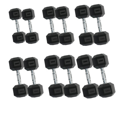 Professional 6-Pair Hex Dumbbell Set with Sturdy A6 Tree Rack - Complete Weight Training Package from 2.5Kg to 30kg - Rubber Coated Weights with Knurled Grip - Ideal for Home and Commercial Gyms