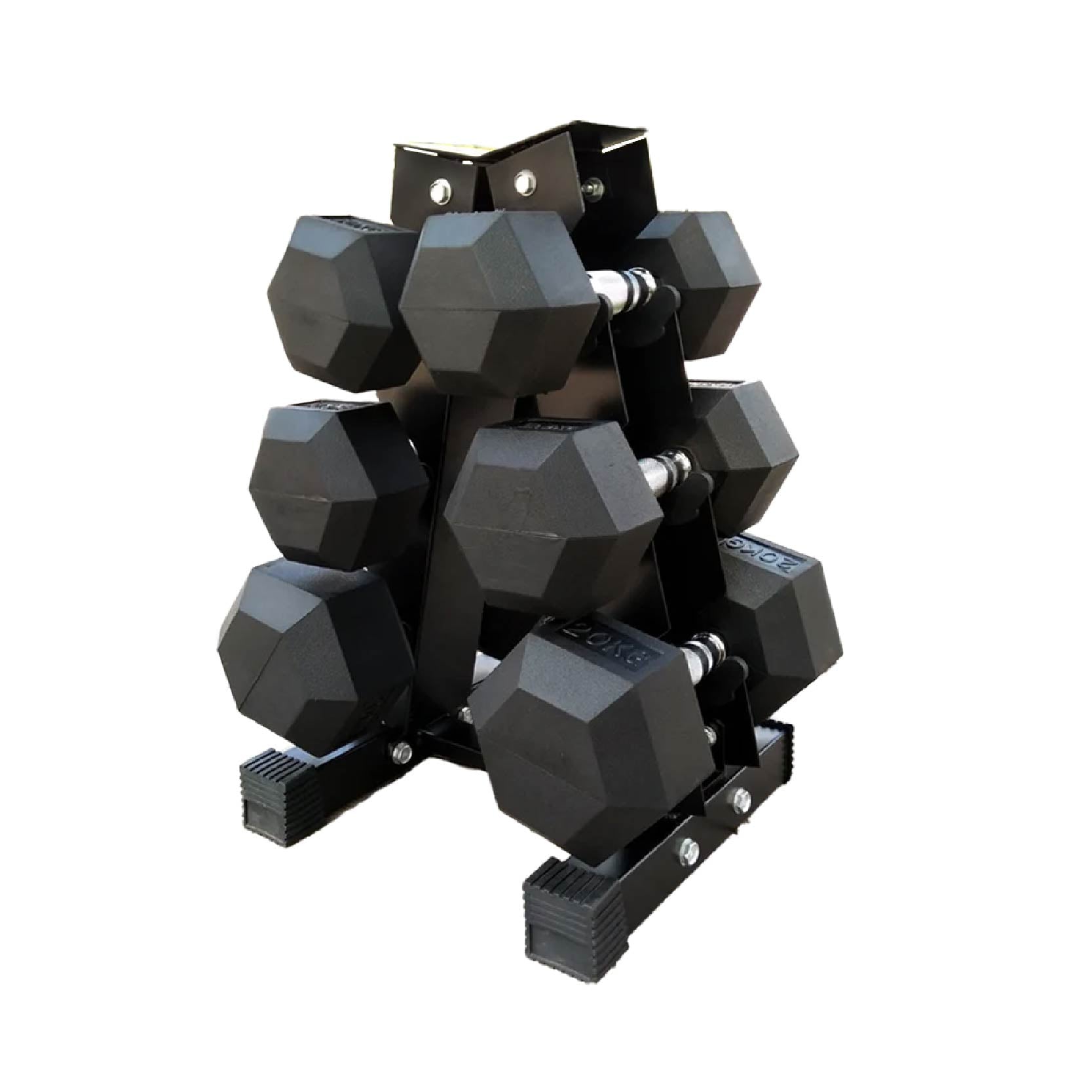 Black dumbbell set with A3 rack on a white background