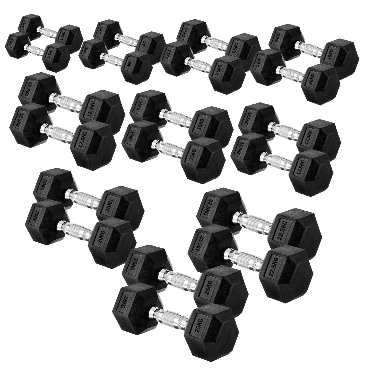 Premium Rubber-Coated Hex Dumbbells: Singles, Pairs & Complete Weight Sets from 2.5kg to 60kg - Anti-Roll Design with Ergonomic Metal Handles for Home Gym, Strength Training & Professional Bodybuilding