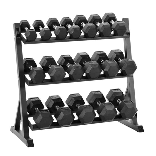 Hex Dumbbell Set with Optional Layer 3 Rack – Rubber-Coated Anti-Roll Dumbbells for Strength Training, Home Gym & Studio – 2.5kg to 30kg Weights