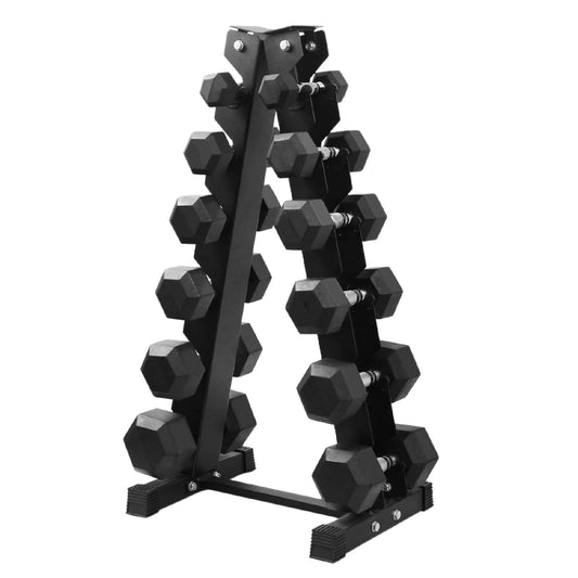 Black dumbbell set with A6 rack on a white background