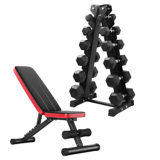 Professional 6-Pair Hex Dumbbell Set with Sturdy A6 Tree Rack - Complete Weight Training Package from  to 60kg - Rubber Coated Weights with Knurled Grip - Ideal for Home and Commercial Gyms