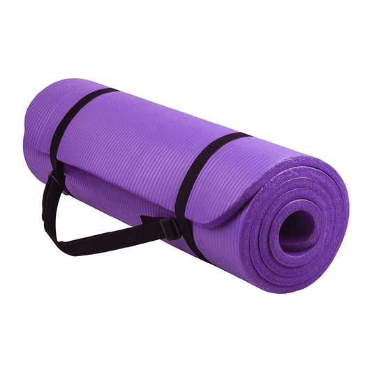 Purple yoga mat with a black strap on a white background