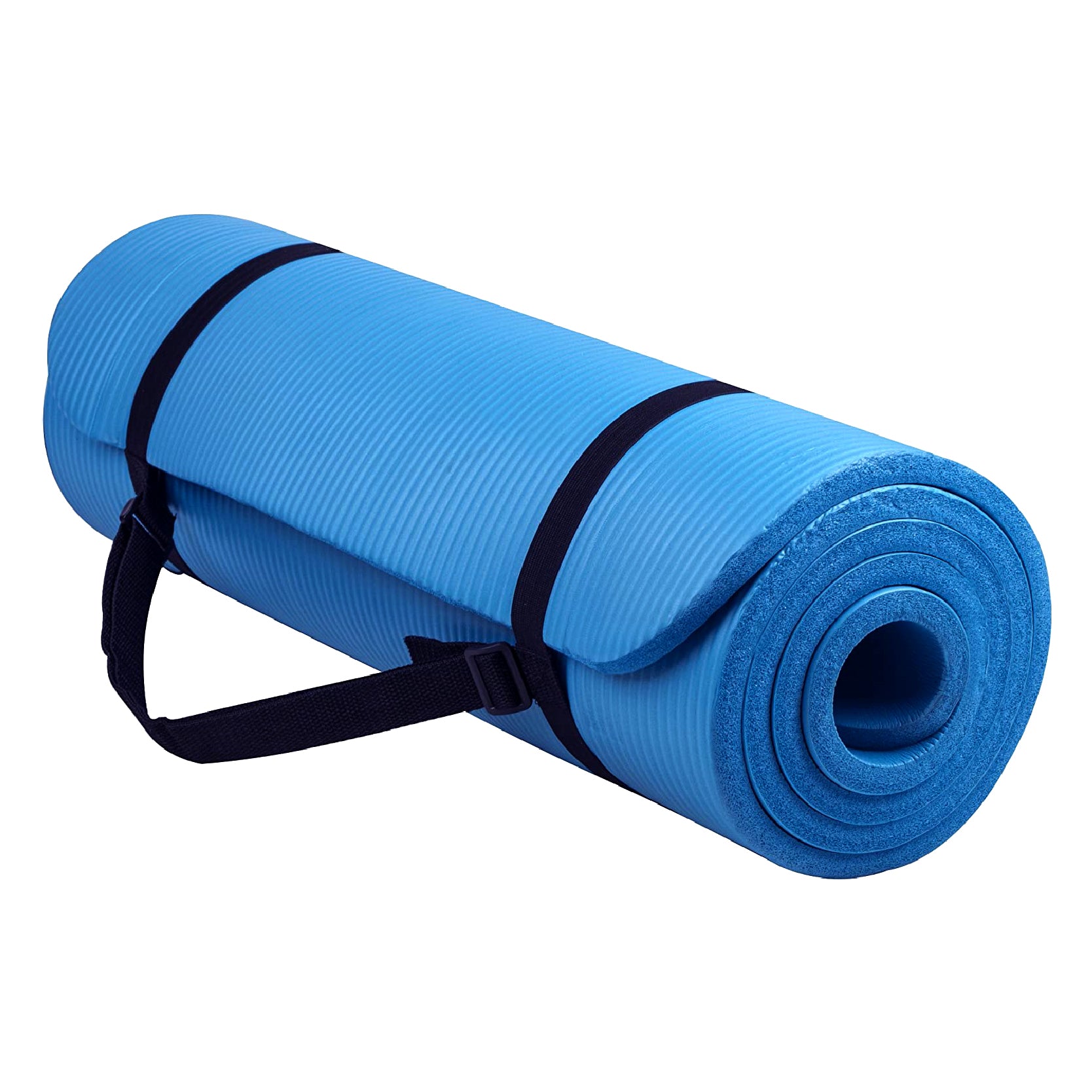 Blue yoga mat with a black strap on a white background