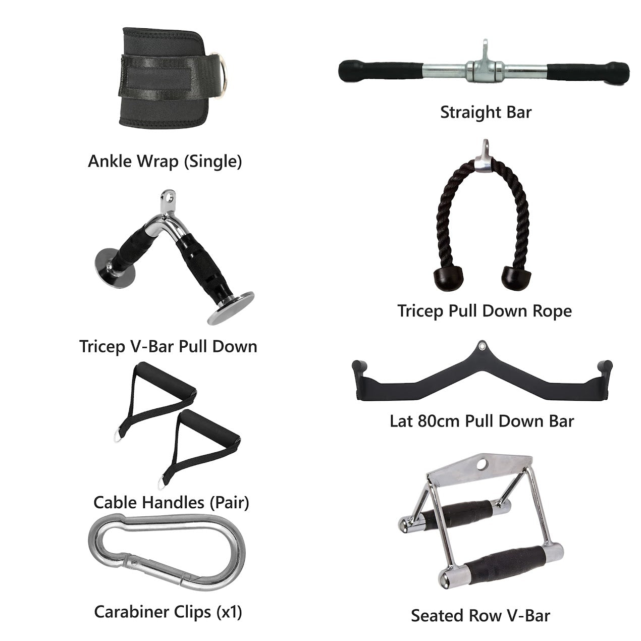 Premium Cable Machine Attachments Set – Tricep Rope, V-Bar, Lat Pulldown Bar, Row Handle, Straight Bar for Full-Body Gym and Home Strength Workouts