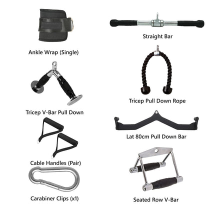 Premium Cable Machine Attachments Set – Tricep Rope, V-Bar, Lat Pulldown Bar, Row Handle, Straight Bar for Full-Body Gym and Home Strength Workouts