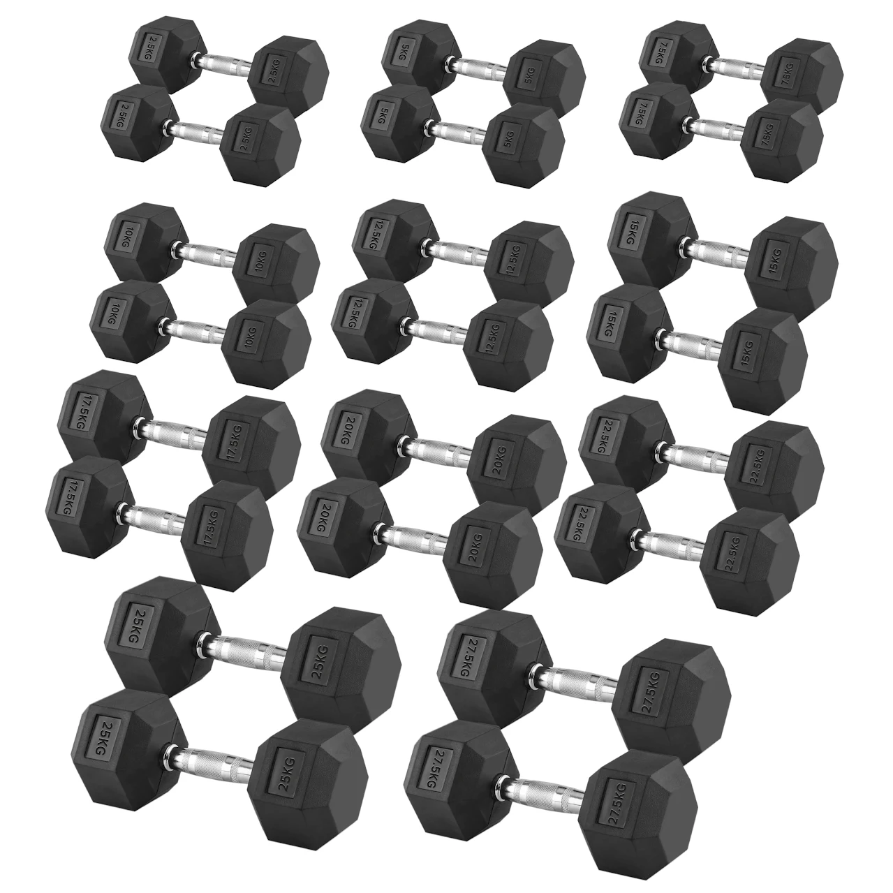 Premium Rubber-Coated Hex Dumbbells: Pairs & Complete Weight Sets from 2.5kg to 60kg - Anti-Roll Design with Ergonomic Metal Handles for Home Gym, Strength Training & Professional Bodybuilding