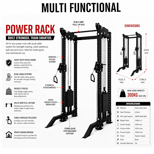 Multi-Exercise Strength Machine with Power Rack & Dual Pulley Cables