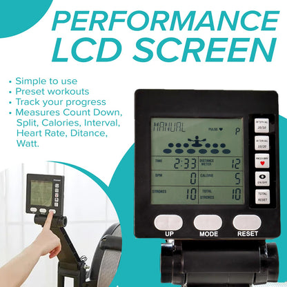 Adjustable Rowing Machine with 10 Resistance Levels – Foldable Magnetic Rower with LCD Monitor, Ergonomic Seat & Smooth Silent Operation for Home Gym Training